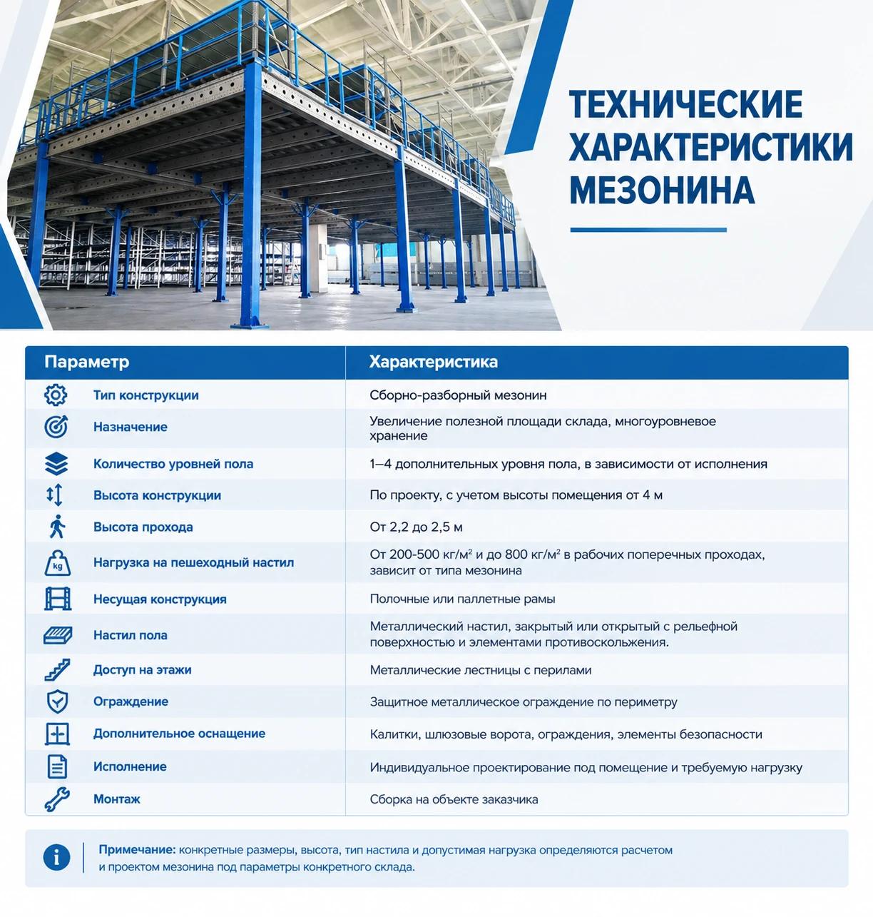 Технические характеристики мезонина на колоннах